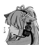  1girl animal_ears arknights greyscale hair_ornament haruichi_(sazanami_complex) hatching_(texture) headset jessica_(arknights) linear_hatching long_hair looking_ahead monochrome parted_lips portrait profile simple_background solo translation_request twitter_username watermark white_background 
