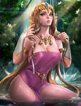  armlet banned_artist bare_shoulders barefoot belly_chain blonde_hair blue_eyes breasts cleavage earrings jewelry large_breasts long_hair necklace outdoors partially_submerged pointy_ears princess_zelda sakimichan sitting solo the_legend_of_zelda the_legend_of_zelda:_twilight_princess tiara very_long_hair water waterfall watermark web_address 