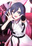  1girl absurdres ashiro_(ashiro_ym) asymmetrical_clothes belt black_belt black_hair blush cherry_bomb_(love_live!) commentary_request grey_eyes grey_jacket highres holding holding_microphone jacket long_hair looking_at_viewer love_live! love_live!_nijigasaki_high_school_idol_club microphone one_side_up open_mouth plaid plaid_jacket puffy_short_sleeves puffy_sleeves short_sleeves sidelocks solo upper_body white_jacket yuki_setsuna_(love_live!) 