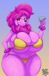 2022 5_fingers absurd_res anthro big_breasts bikini biped breasts canid canine canis clothing domestic_dog eyewear female fingers fur glasses hand_on_hip hi_res holding_glass holding_object huge_breasts mammal pink_body pink_fur red_eyes round_glasses ruff smile solo swimwear vant_talon year yellow_bikini yellow_clothing yellow_swimwear