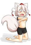  animal_ears barefoot bike_shorts blush breasts elu_butyo full_body groin hat highres inubashiri_momiji kneeling looking_at_viewer navel open_mouth red_eyes short_hair silver_hair simple_background small_breasts solo tail tokin_hat touhou underboob undressing white_background wolf_ears wolf_tail 