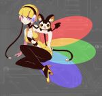  1girl arm_support black_pantyhose black_shirt blonde_hair breasts cable cleavage elesa_(pokemon) emolga grey_background grey_eyes headphones kotorai navel pantyhose pokemon pokemon_(creature) pokemon_bw shirt short_hair solo yellow_footwear yellow_shirt 