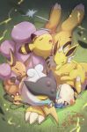  6+others ampharos claws closed_eyes cuddling dedenne electricity fangs flower grass highres jolteon mareep multiple_others no_humans nullma open_mouth pokemon pokemon_(creature) raikou sleeping smile 