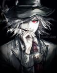  1boy artist_name ascot black_background black_hat brooch chromatic_aberration cigarette collared_shirt cross-shaped_pupils edmond_dantes_(fate) edmond_dantes_(first_ascension)_(fate) fate/grand_order fate_(series) fedora grey_jacket hair_over_one_eye hand_up hat highres holding holding_cigarette jacket jewelry koshika_rina long_sleeves looking_at_viewer male_focus pale_color pale_skin red_ascot red_eyes shirt short_hair simple_background smoke solo symbol-shaped_pupils twitter_username upper_body white_shirt wing_collar 