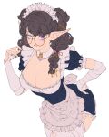  1girl apron blue_dress breasts bridal_gauntlets brown_hair closed_mouth detached_collar dress elliemaplefox fangs feet_out_of_frame freckles frilled_dress frills garter_straps glasses hand_on_own_hip hand_up heterochromia highres large_breasts leaning_forward maid maid_apron maid_headdress mole mole_on_breast mole_under_eye original pointy_ears puffy_short_sleeves puffy_sleeves round_eyewear semi-rimless_eyewear short_dress short_sleeves simple_background solo symbol-shaped_pupils thighhighs torn_clothes torn_thighhighs twintails white_apron white_background white_bridal_gauntlets white_garter_straps white_thighhighs 