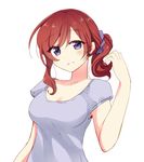  alternate_hairstyle bangs breasts cleavage grin looking_at_viewer love_live! love_live!_school_idol_project medium_breasts nishikino_maki okanoyuno ponytail purple_eyes purple_shirt red_hair scrunchie shirt simple_background smile solo upper_body white_background 