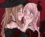  2girls @_@ bang_dream! bang_dream!_it&#039;s_mygo!!!!! bare_shoulders black_choker black_dress blush brown_hair chihaya_anon choker commentary demon_horns demon_wings dress extreme_yuri_buta fang finger_in_another&#039;s_mouth grey_eyes horns long_hair looking_at_another multiple_girls nagasaki_soyo off-shoulder_dress off_shoulder open_mouth pink_hair red_background red_dress saliva skin_fang upper_body wings yuri 