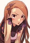  bangs blush bow breasts brown_hair dress hair_bow hairband highres idolmaster idolmaster_(classic) long_hair minase_iori narumi_arata open_mouth purple_eyes simple_background small_breasts solo sweatdrop swept_bangs upper_body 