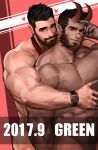  2boys bara beard completely_nude connected_beard couple cowboy_shot dark-skinned_male dark_skin dated demon_boy demon_horns dopey_(dopq) facial_hair full_beard heart highres horns hug hug_from_behind interracial large_pectorals looking_at_viewer male_focus male_pubic_hair mature_male monster_boy multiple_boys muscular muscular_male nipples nude original paid_reward_available pectorals pointy_ears pubic_hair red_horns seductive_smile short_hair smile thick_beard thick_eyebrows watermark yaoi 