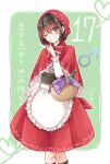  1boy banjou_azusa basket black_hair blush capelet cloak closed_mouth cosplay crossdressing dress hair_between_eyes holding holding_basket hood hood_up koisuru_(otome)_no_tsukurikata little_red_riding_hood little_red_riding_hood_(grimm) little_red_riding_hood_(grimm)_(cosplay) long_sleeves looking_at_viewer male_focus mars_symbol mihate_hiura otoko_no_ko picnic_basket pink_eyes red_cloak short_hair smile solo 