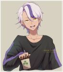  1boy absurdres alternate_costume black_shirt collarbone commentary_request cup drayton_(pokemon) grey_background hair_between_eyes highres holding holding_cup male_focus multicolored_hair open_mouth p_0_a pokemon pokemon_sv purple_hair shirt short_hair sleeves_past_wrists smile solo teeth tongue two-tone_hair upper_body yellow_eyes 