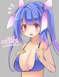  bikini bikini_top blue_bikini blush breast_suppress breasts cleavage collarbone flying_sweatdrops grey_background hair_ribbon halterneck hige_shinshi i-19_(kantai_collection) kantai_collection large_breasts long_hair open_mouth pink_eyes purple_hair red_eyes ribbon solo swimsuit twintails upper_body 