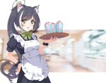  1girl alternate_costume alternate_hairstyle animal_ear_fluff animal_ears apron black_hair blurry cat_ears cat_girl cat_tail commentary crossover cup depth_of_field drinking_glass english_commentary enmaided frilled_apron frills green_eyes hair_between_eyes halo hands_on_own_hips highres holding holding_tray karyl_(princess_connect!) long_hair looking_at_viewer maid maid_apron maid_headdress maxwelzy multicolored_hair multiple_girls parted_lips ponytail princess_connect! short_sleeves sidelocks solo streaked_hair tail tray two-tone_hair white_apron wrist_cuffs 