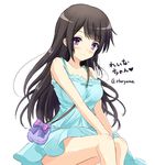  bag bare_shoulders between_legs black_hair blue_dress character_name dress hand_between_legs handbag hibike!_euphonium kousaka_reina long_hair looking_at_viewer purple_eyes simple_background sitting smile solo suzuta_yume twitter_username white_background 