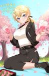  1girl belt black_belt black_choker black_footwear black_jacket black_skirt blonde_hair blue_eyes blush boots breasts cherry_blossoms choker cleavage closed_mouth day drink drinking_straw hair_between_eyes highres holding holding_drink jacket kantai_collection large_breasts long_hair looking_at_viewer open_clothes open_jacket outdoors skirt smile solo tuscaloosa_(kancolle) yomogi_dango 