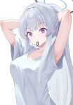  1girl adjusting_hair alternate_costume armpits blue_archive breasts collarbone grey_hair halo highres large_breasts long_hair mechanical_halo mouth_hold noa_(blue_archive) ponytail purple_eyes raimu_(clanberry000) shirt short_sleeves simple_background solo upper_body white_background white_shirt 