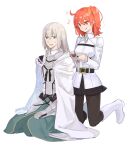  1boy 1girl aqua_eyes armor bedivere_(fate) boots cape chaldea_uniform fate/grand_order fate_(series) fujimaru_ritsuka_(female) full_body grey_hair hair_ornament hair_scrunchie highres kneeling long_sleeves medium_hair musical_note one_side_up orange_hair orange_scrunchie pantyhose prosthesis prosthetic_arm scrunchie seiza shironojiro short_hair simple_background sitting sweat tongue tongue_out waist_cape white_background white_cape white_footwear 