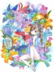 1girl air_bubble bare_legs barefoot blue_eyes blue_jacket breasts bright_pupils brown_hair bubble commentary_request fish flower full_body goldfish hair_flower hair_ornament jacket lantern long_hair multicolored_clothes multicolored_jacket open_clothes orange_flower original painting_(medium) polka_dot polka_dot_jacket purple_flower purple_jacket red_flower sideboob sitting small_breasts solo traditional_media two-tone_jacket ume_tsubomi underwater watercolor_(medium) white_background white_pupils 