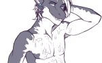  anthro blue_eyes cum cum_on_chest dragon horn looking_at_viewer male muscular muscular_male scalie smile smirk solo yin_fish 
