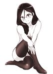  black_hair black_legwear breasts glasses hibike!_euphonium long_hair medium_breasts monochrome nude over-rim_eyewear semi-rimless_eyewear shiny shiny_clothes shiny_hair sitting smile solo tanaka_asuka thighhighs ueyama_michirou 