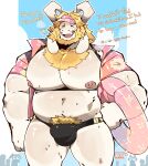 aloha_shirt anthro asgore_dreemurr beard belly blonde_hair body_hair bovid bulge caprine chest_hair clothing english_text facial_hair floppy_ears fur goat hair hat headgear headwear hi_res homfnomf horn male mammal musclegut muscular navel nipples pattern_clothing pattern_shirt pattern_topwear pecs pubes shirt solo swim_ring text topwear undertale_(series) visor_cap white_body white_fur