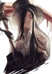  1other ascot bare_shoulders black_hair blood guilty_gear guilty_gear_strive hat holding holding_scythe hyakuhachi_(over3) long_hair looking_at_viewer other_focus red_eyes scythe solo testament_(guilty_gear) top_hat white_ascot 