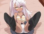  1girl ass bare_shoulders bed black_skirt black_thighhighs blush breasts brown_eyes camisole chloe_von_einzbern clothes_lift dark-skinned_female dark_skin fate/kaleid_liner_prisma_illya fate_(series) feet highres leg_lift legs_up long_hair no_shoes one_side_up open_mouth panties pink_hair presenting shimejinameko skirt skirt_lift small_breasts solo spread_legs thighhighs tongue tongue_out underwear white_panties yellow_camisole 