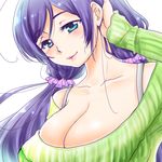  aqua_eyes blush breasts cleavage hatomilkyt large_breasts long_hair looking_at_viewer love_live! love_live!_school_idol_project purple_hair solo toujou_nozomi twintails 