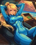  1girl blonde_hair blue_bodysuit blue_eyes bodysuit breasts cameltoe covered_navel covered_nipples impossible_bodysuit impossible_clothes itzah large_breasts long_hair looking_at_viewer metroid mole mole_under_mouth pixel_art ponytail samus_aran skin_tight solo thighs zero_suit 