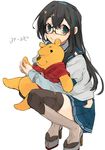  black_hair blue_eyes glasses hairband hip_vent hita_(hitapita) kantai_collection long_hair looking_at_viewer ooyodo_(kantai_collection) platform_footwear platform_heels pooh school_uniform serafuku smile stuffed_toy thighhighs translated winnie_the_pooh 