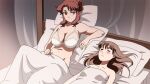  2girls =_= black_hair blush bra breasts collarbone english_commentary groin hair_behind_ear hair_bun implied_after_sex large_breasts long_hair looking_down multiple_girls original parted_lips pillow rikeza single_hair_bun sitting small_breasts smile underwear white_bra yuri 