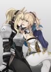  2girls 4ouharuu absurdres animal_ears arknights armor blonde_hair blue_capelet blue_eyes breastplate breasts capelet cleavage commission crossover food food_in_mouth genshin_impact hair_between_eyes headset highres horse_ears jean_(genshin_impact) long_hair multiple_girls nearl_(arknights) pants pocky pocky_in_mouth pocky_kiss ponytail simple_background smile tight_clothes tight_pants white_pants yellow_eyes yuri 