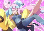  1girl :d black_shorts blush bow-shaped_hair breasts character_hair_ornament commentary_request grey_pantyhose hair_ornament happy highres iono_(pokemon) jacket long_hair looking_at_viewer miyama_(yakinikusushi_the_royal) multicolored_hair open_clothes open_jacket open_mouth pantyhose pink_hair pokemon pokemon_sv purple_eyes shorts single_leg_pantyhose skin_tight smile solo teeth twintails two-tone_hair upper_teeth_only very_long_hair yellow_jacket 