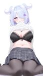  1girl black_bra black_pantyhose black_skirt blue_eyes blue_hair blush bra breasts cleavage clothes_lift commentary deyui elira_pendora hair_over_one_eye head_wings highres large_breasts long_sleeves looking_at_viewer mouth_hold navel nijisanji nijisanji_en one_eye_covered pantyhose plaid plaid_skirt ribbed_sweater short_hair sitting skirt solo stomach sweater sweater_lift symbol-only_commentary turtleneck turtleneck_sweater underwear virtual_youtuber wariza white_background white_sweater wings 