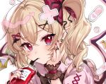  1girl adapted_costume ahoge bag black_ribbon blonde_hair blood blood_bag blush bow close-up closed_mouth colored_eyelashes commentary crossed_bangs crystal curly_hair drinking drinking_straw eyelashes flandre_scarlet frilled_wrist_cuffs frills furrowed_brow grey_background hair_between_eyes hair_ribbon hand_on_own_cheek hand_on_own_face heart highres holding holding_bag jirai_kei looking_at_viewer nail_polish no_headwear paragasu_(parags112) pointy_ears red_bow red_eyes red_nails red_wrist_cuffs ribbon side_ponytail simple_background solo symbol-only_commentary touhou tsurime white_background wings wrist_cuffs 