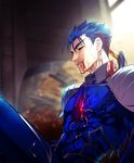  blood blood_in_mouth blue_hair fading fate/stay_night fate_(series) injury lancer long_hair male_focus mayuki_(ubiquitous) ponytail red_eyes solo spoilers 