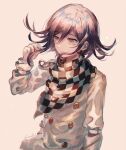  1boy arm_belt belt black_scarf brown_background buttons chain checkered_clothes checkered_scarf closed_mouth commentary_request danganronpa_(series) danganronpa_v3:_killing_harmony double-breasted expressionless fingernails highres holding holding_hair jacket layered_sleeves lemontea light_frown light_particles long_sleeves looking_at_hand male_focus multicolored_buttons oma_kokichi purple_eyes purple_hair scarf short_hair_with_long_locks signature simple_background sleeve_garter solo two-tone_scarf upper_body white_belt white_jacket white_scarf 