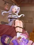  2girls :d ^_^ absurdres arms_behind_back bare_legs bdsm blurry blurry_background bondage boned_meat bound breasts capelet closed_eyes commentary_request dress fern_(sousou_no_frieren) food frieren highres indoors long_hair meat multiple_girls no_shoes open_mouth pointy_ears purple_eyes purple_hair rope sausage short_dress small_breasts smile socks sousou_no_frieren tentacles twintails very_long_hair white_capelet white_dress white_hair white_socks yuehei_dao 