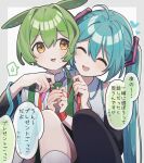  2girls :d animal_ears black_sleeves black_thighhighs blue_hair blush border bound bound_wrists closed_eyes cone_huraku detached_sleeves facing_viewer feet_out_of_frame frilled_shirt frills green_hair grey_border hair_between_eyes hair_intakes hatsune_miku heart knees_to_chest long_hair long_sleeves looking_at_another multiple_girls open_mouth outside_border rabbit_ears rabbit_girl ribbon ribbon_bondage shirt sideways_glance simple_background sitting sleeveless sleeveless_shirt smile spoken_sweatdrop sweatdrop teeth thighhighs twintails tying upper_teeth_only vocaloid voicevox white_background white_shirt yellow_eyes zundamon 