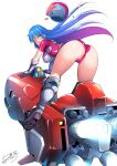  1girl ass bicycle blue_hair breasts c.r. cameltoe fleet headgear highleg highleg_leotard highres large_breasts leotard long_hair mecha one_eye_closed original riding robot science_fiction solo thrusters unworn_headgear yellow_eyes 