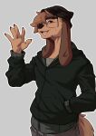 absurd_res anthro beanie canid canine canis clothing domestic_dog eyewear father_hill gesture glasses hair hair_over_eye hand_in_pocket hat headgear headwear hi_res hoodie long_ears male mammal one_eye_obstructed pockets reed_(bearra) solo tail topwear waving