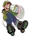  blue_eyes blue_overalls brown_footwear brown_hair facial_hair gloves green_hat green_hoodie hat highres hood hoodie horizontal-striped_socks luigi luigi&#039;s_mansion mario_(series) mustache overalls polterpup redlhzz short_hair smile socks 