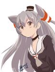  2015 4suke amatsukaze_(kantai_collection) choker dated dress grey_hair hair_tubes hairband kantai_collection long_hair orange_eyes sailor_dress solo twitter_username two_side_up upper_body 