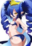  1girl ass bare_shoulders bikini blue_bikini blue_cape blue_hair blush bombergirl breasts cape crown drill_hair hair_between_eyes highres lewisia_aquablue long_hair looking_at_viewer micro_bikini open_mouth pointy_ears popped_collar shimejinameko small_breasts smile solo swimsuit thick_thighs thighs tongue tongue_out twin_drills yellow_eyes 