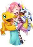  1girl 2boys agumon bandai blue_dress breast_grab breasts claws cleavage cross-laced_clothes digimon digimon_story:_cyber_sleuth dress fangs female gabumon grabbing happy horns hug monster multiple_boys open_mouth pecolondon red_hair shiramine_nokia simple_background smile solo twintails v 
