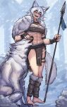  1girl abs animal_ears barefoot braid closed_eyes ezzydraws fingerless_gloves gloves hand_wraps highres holding holding_polearm holding_weapon loincloth muscular muscular_female original petting polearm sharp_teeth signature snowing solo spear tail teeth toned twin_braids weapon winter wolf wolf_ears wolf_girl wolf_tail 