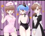  3girls animal_ears ass back blue_eyes brown_hair cat_ears cat_tail halloween halloween_costume hat highres multiple_girls nurse_cap punch121ykk ranma_1/2 short_hair siblings sisters smile tail tendou_akane tendou_kasumi tendou_nabiki 