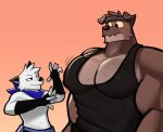 absurd_res anthro biceps black_eyes bottomwear brown_body brown_fur canid canine canis clothing domestic_dog duo fur hair hi_res male mammal muscular muscular_anthro muscular_male pants pecs rygel_spkb shirt shirtless_male simple_background standing tank_top topwear white_body white_fur