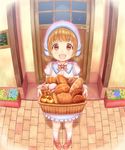  :d apron bangs basket bow bowtie bread brown_eyes brown_hair carrying croissant door employee_uniform flower flower_pot food frills from_above head_scarf heart heart-shaped_pupils highres holding kneehighs loafers long_sleeves looking_at_viewer masaki_mao open_mouth original outdoors pavement pigeon-toed plant potted_plant ribbon shoes short_twintails smile solo storefront symbol-shaped_pupils twintails uniform vignetting white_legwear window 