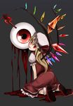  :d ameyu_(rapon) blonde_hair blood colorized eyes flandre_scarlet frilled_skirt frills laevatein looking_at_viewer looking_back md5_mismatch nagomibako_(nagomi-99) open_mouth red_eyes short_hair sitting skirt smile solo touhou vest wings 
